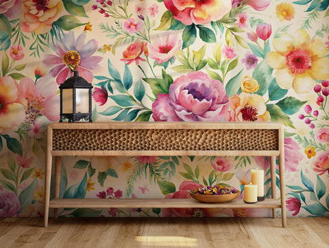 Vibrant watercolor floral wallpaper with colorful flowers and leaves for wall decor