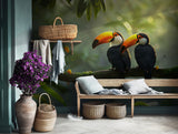 Nature-inspired wall art with toucans and tropical greenery