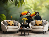 Tropical rainforest wallpaper featuring toucans and lush foliage