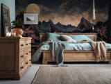 Tranquil night mountain wallpaper with gold accents and cherry trees