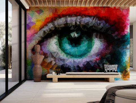 Colorful geometric eye wallpaper with polygonal shapes for bold wall decor