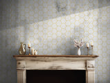 Gold hexagon pattern wallpaper on a white background, perfect for contemporary decor