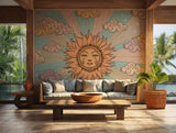 Vintage sun and clouds wallpaper with celestial design for boho decor