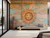 Retro-inspired wallpaper mural with a sun and cloud motif, perfect for accent walls