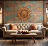 Whimsical bohemian wallpaper featuring sunburst and clouds for bedroom wall