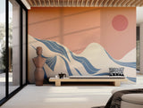 Calm and modern abstract design with sun and mountain waves for wall decor