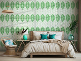 Modern wallpaper with organic leaf design in green and white