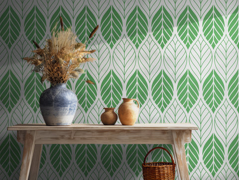 Green and white leaf pattern wallpaper with a modern design