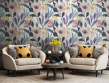 Modern botanical wallpaper in calming pastel tones