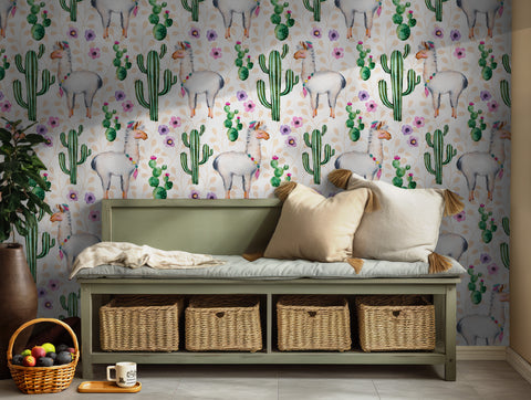 Whimsical llama and cactus pattern with vibrant flowers for kids' room decor