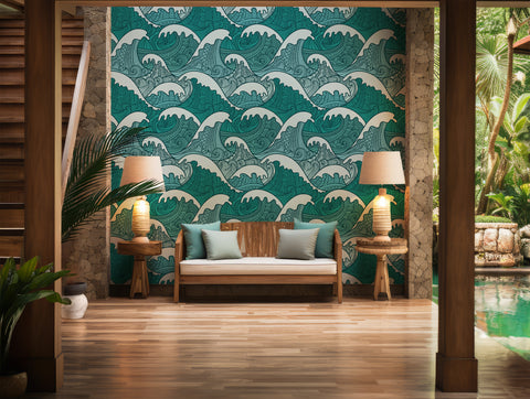 Intricate wave pattern wall design in ocean-inspired style