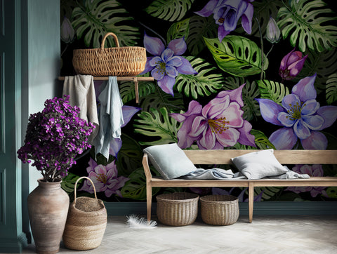 Tropical wallpaper with green monstera leaves and purple flowers for exotic interiors