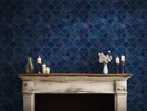 Blue and gold Art Deco scallop design with metallic accents for luxurious walls