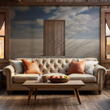 Modern surreal wall art with wooden elements and a serene sky