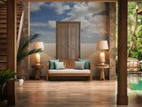 Unique wall decor with a wooden door leading to an expansive horizon