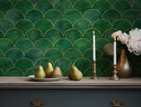 Emerald green and gold scalloped pattern wallpaper for elegant interiors