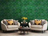 Rich emerald green wall covering with golden accents for upscale decor