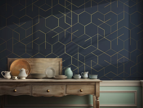 Modern navy wallpaper with metallic gold geometric lines for luxury interiors