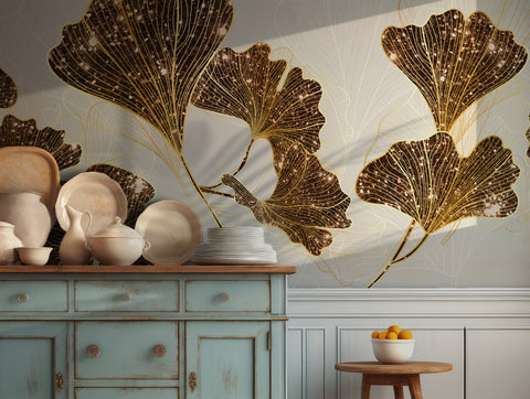 Luxurious golden ginkgo leaf wallpaper with metallic accents for elegant wall decor