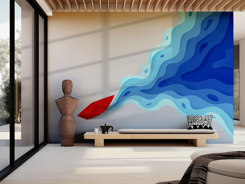 Modern abstract wallpaper with blue wave and red accent for contemporary interior design