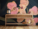 Luxurious pink orchid floral wallpaper on a navy blue backdrop with gold accents