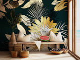 Modern floral wallpaper featuring intricate yellow flowers and a dark green backdrop