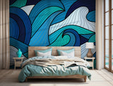 Modern ocean-inspired wallpaper featuring artistic waves in turquoise and white