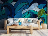 Contemporary wave design mural in blue tones, perfect for coastal-inspired decor