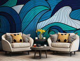 Stylish wall covering with bold blue ocean wave patterns for a serene atmosphere