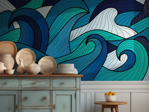 Abstract ocean wave wallpaper in shades of blue and turquoise for a modern bedroom