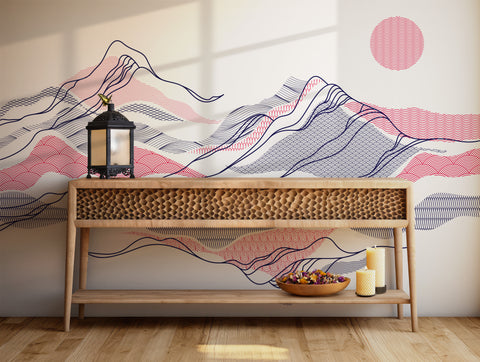 Modern Japanese-inspired mountain and wave wallpaper with red and blue line patterns