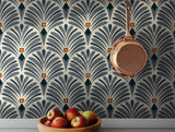 Elegant Art Deco-inspired wallpaper with blue fan motifs and orange floral accents