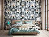 Blue and orange accent wallpaper featuring timeless Art Deco motifs