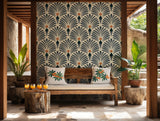 Sophisticated floral pattern wallpaper in blue and orange for vintage-modern interiors