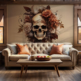 Artistic wallpaper featuring a skull with delicate bohemian floral details