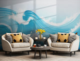 Ocean wave wallpaper with shades of blue for a coastal-themed living room