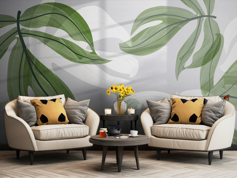 Tropical leaf wallpaper featuring large green leaves for a serene living room