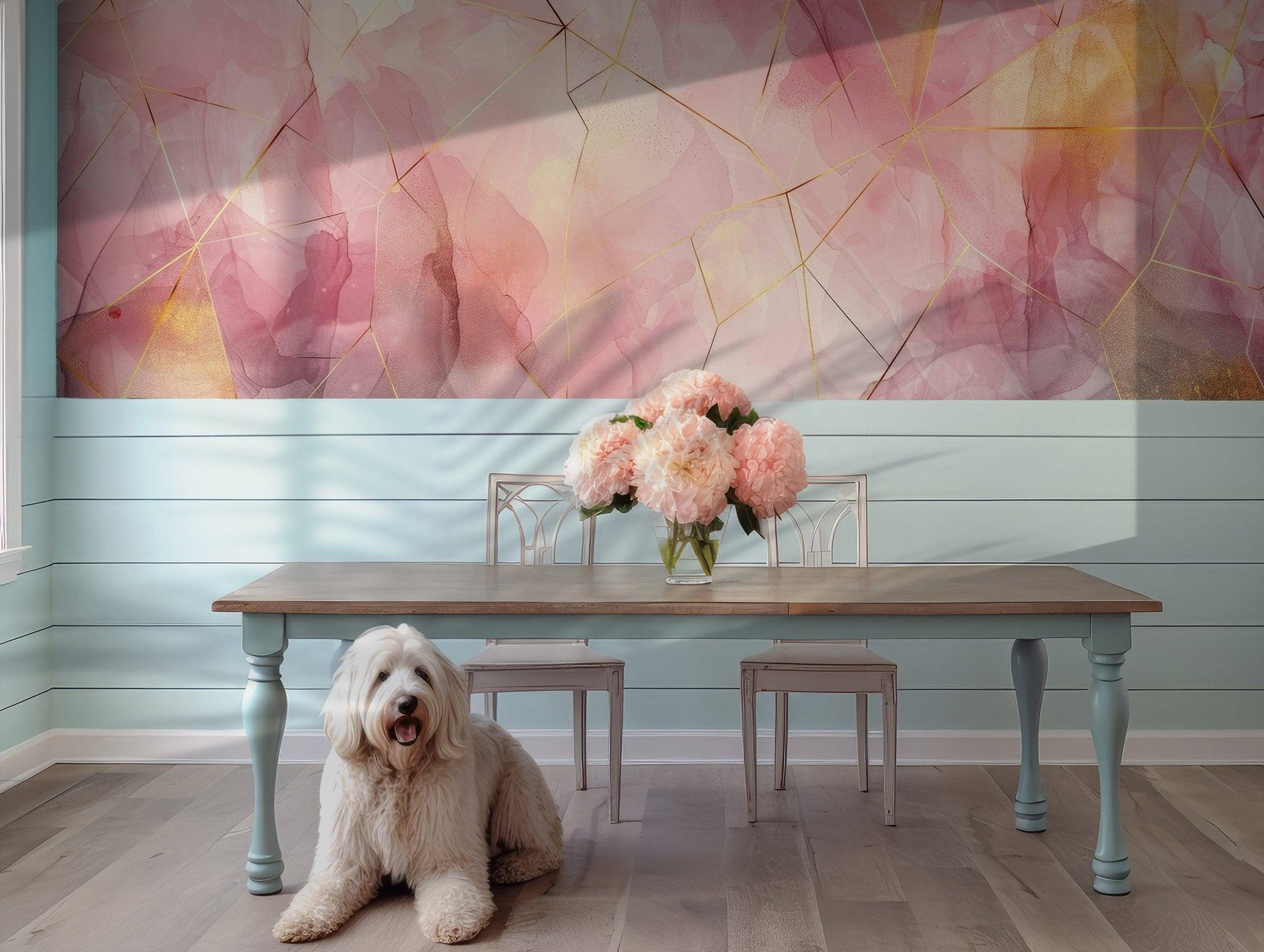 Blush Pink Peach Gold Mural - Self Adhesive Peel and Stick Wallpaper - Abstract Watercolor Ink Nursery BV136