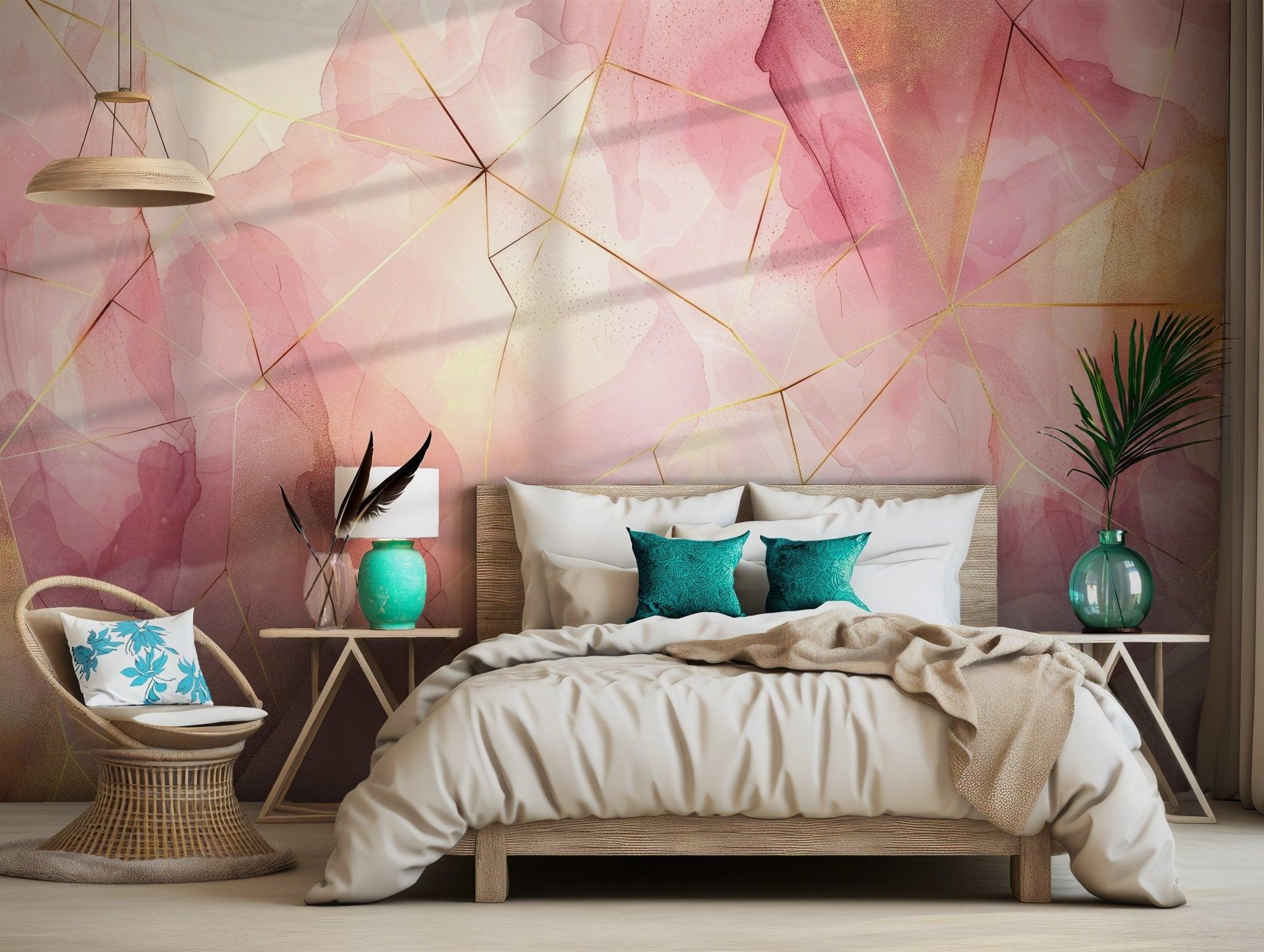 Blush Pink Peach Gold Mural - Self Adhesive Peel and Stick Wallpaper - Abstract Watercolor Ink Nursery BV136