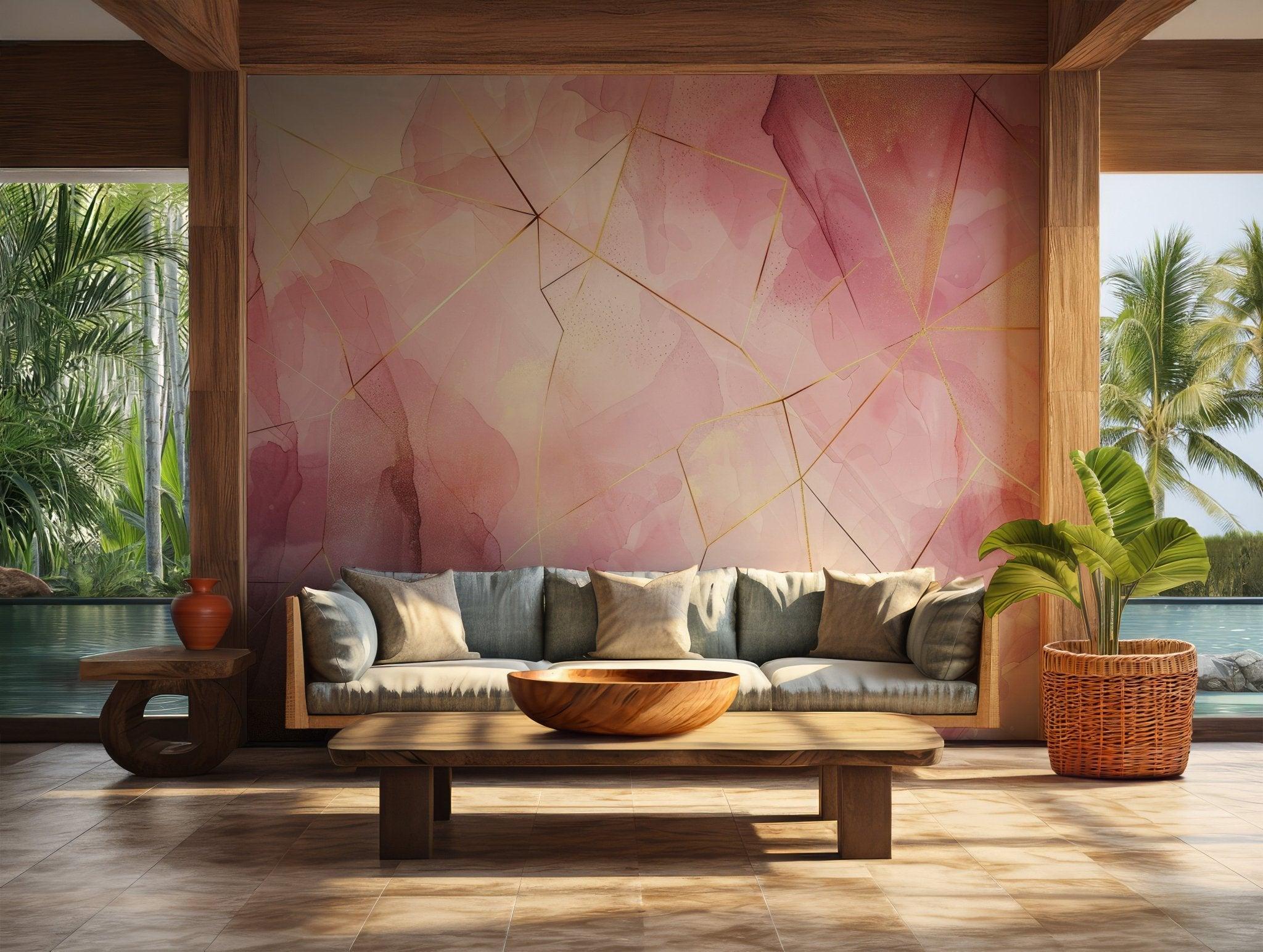 Blush Pink Peach Gold Mural - Self Adhesive Peel and Stick Wallpaper - Abstract Watercolor Ink Nursery BV136