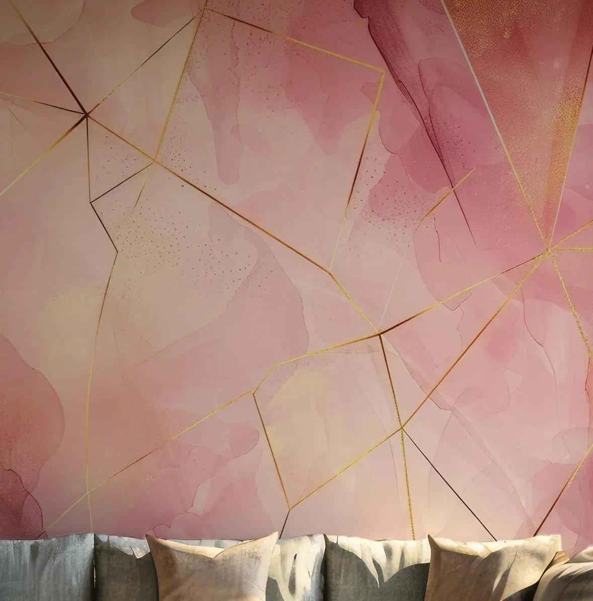 Blush Pink Peach Gold Mural - Self Adhesive Peel and Stick Wallpaper - Abstract Watercolor Ink Nursery BV136