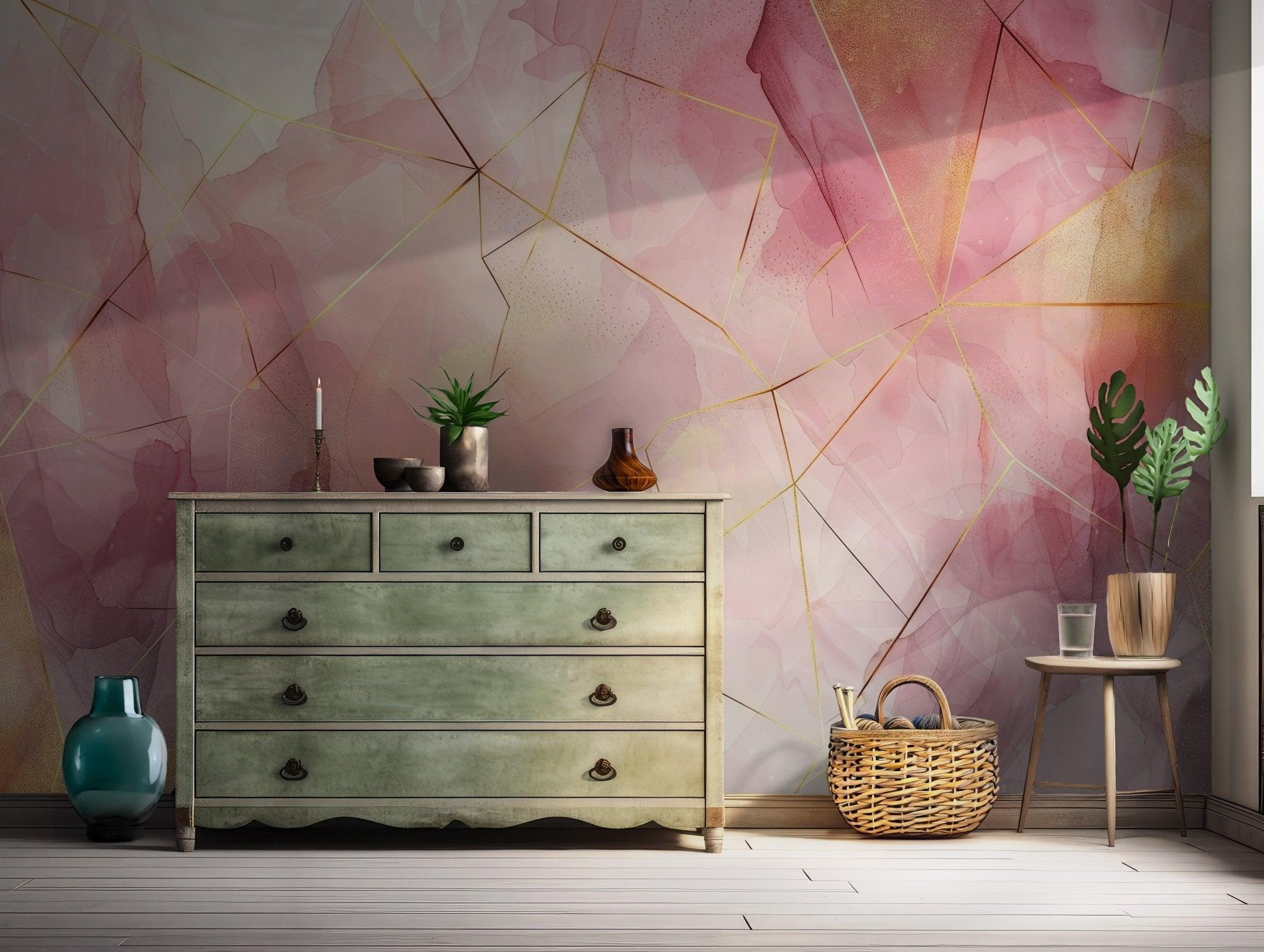 Blush Pink Peach Gold Mural - Self Adhesive Peel and Stick Wallpaper - Abstract Watercolor Ink Nursery BV136