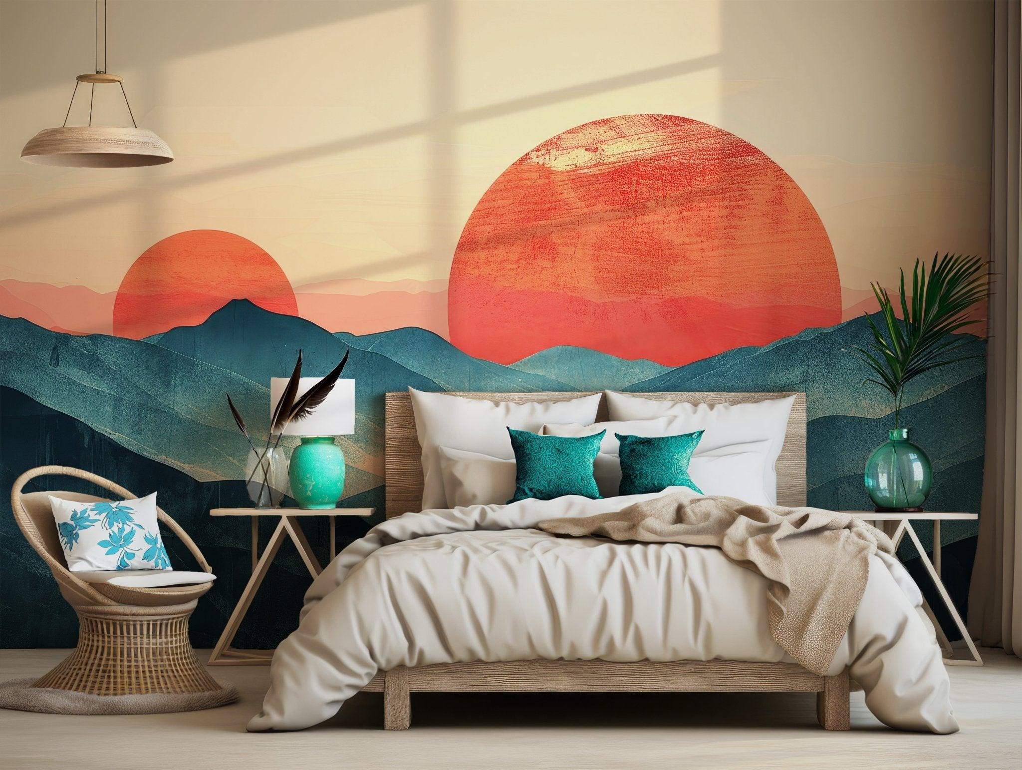 Large red suns and layered mountain shapes form a bold temporary wallpaper design with a modern retro art style for easy room updates.