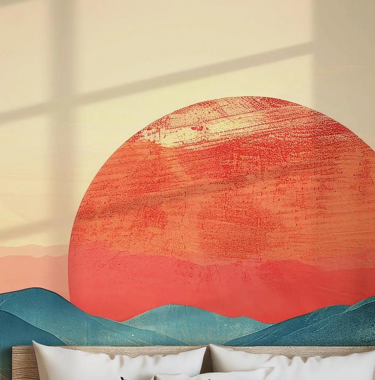 Boho Mountains Sunset Wallpaper - Self Adhesive Peel and Stick Wall Mural - Abstract Watercolor Colorful BV140