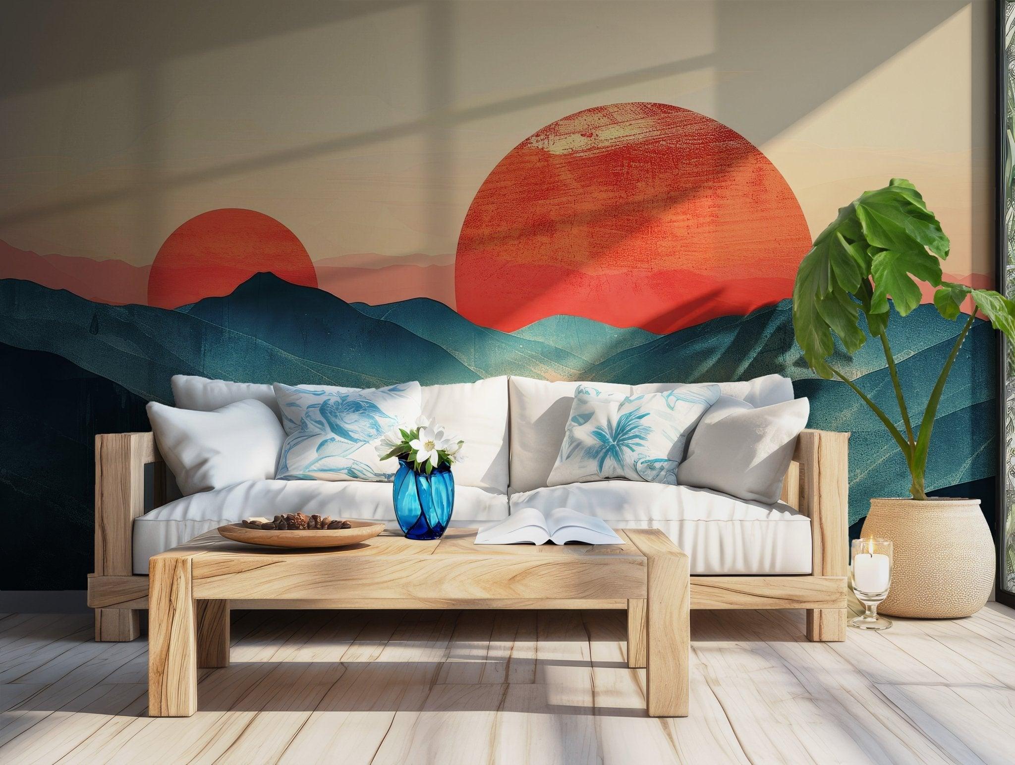 Boho Mountains Sunset Wallpaper - Self Adhesive Peel and Stick Wall Mural - Abstract Watercolor Colorful BV140