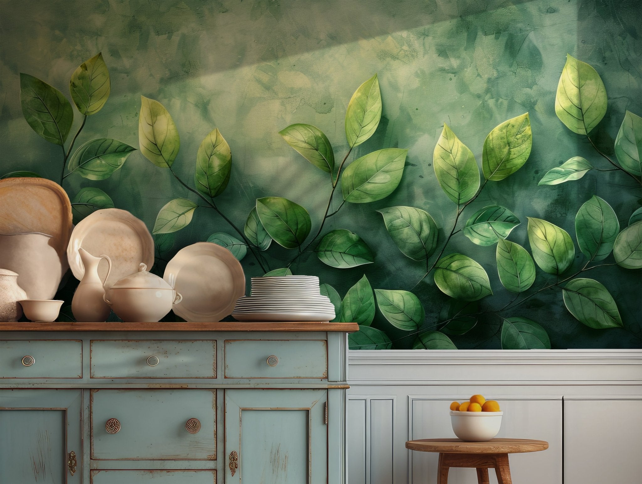 Spring Green Wall Mural - Peel and Stick Temporary Wallpaper - Floral Watercolor Botanical Leaves BV178