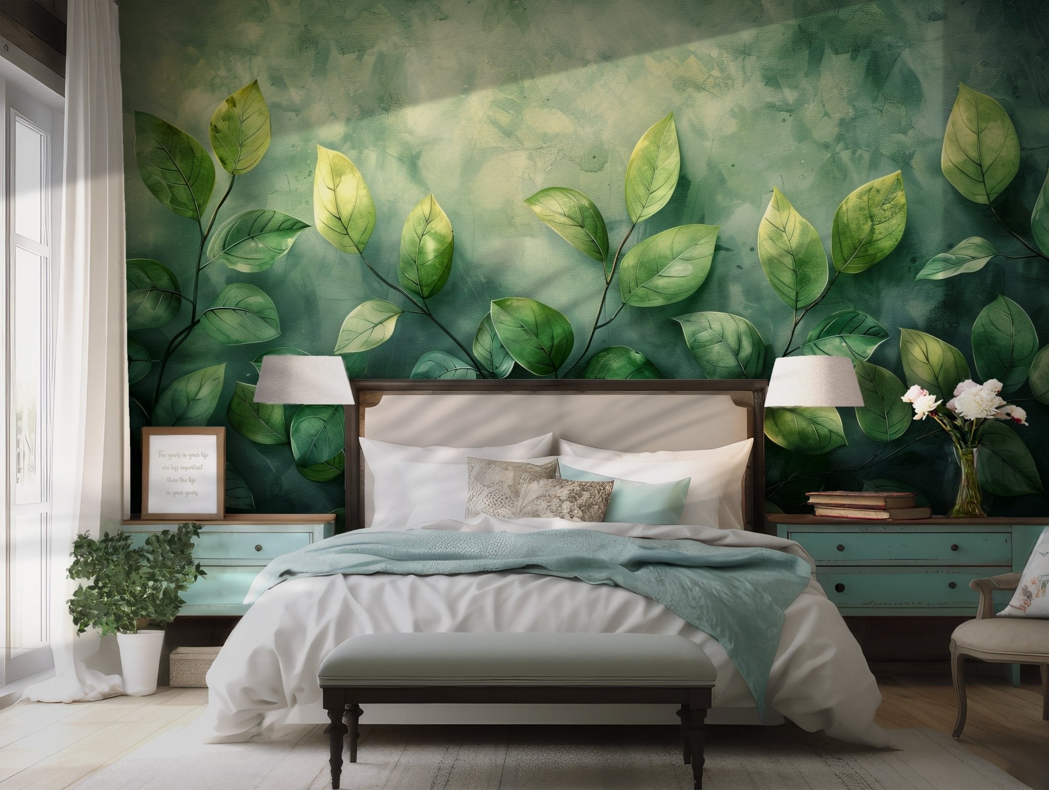 Spring Green Wall Mural - Peel and Stick Temporary Wallpaper - Floral Watercolor Botanical Leaves BV178