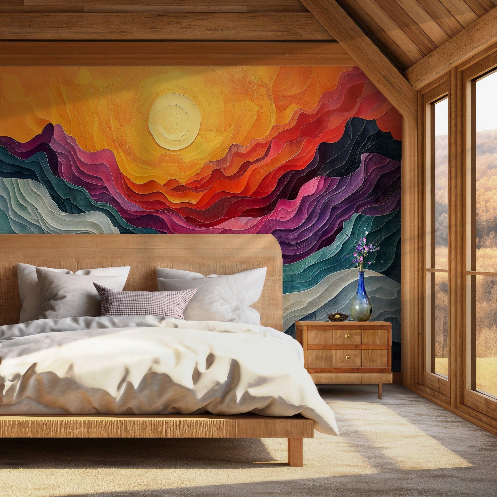 Sunset Landscape Wallpaper - Self Adhesive Wall Mural - Abstract Vibrant Rainbow Sky BV122