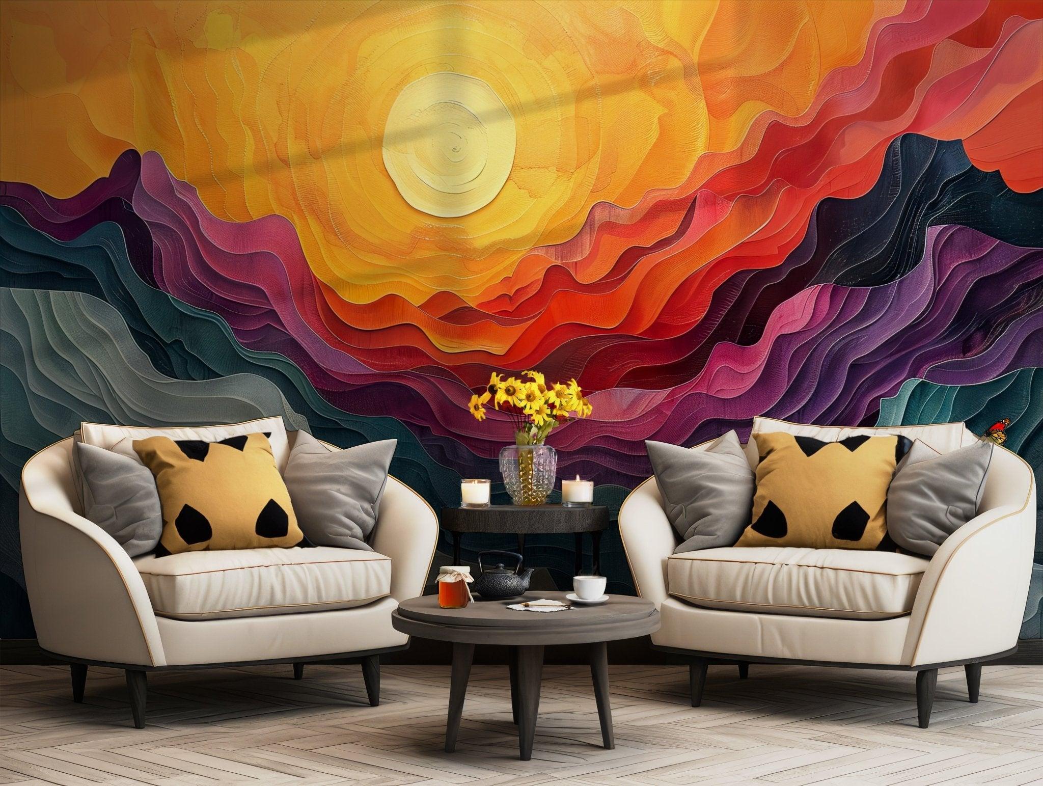 Sunset Landscape Wallpaper - Self Adhesive Wall Mural - Abstract Vibrant Rainbow Sky BV122