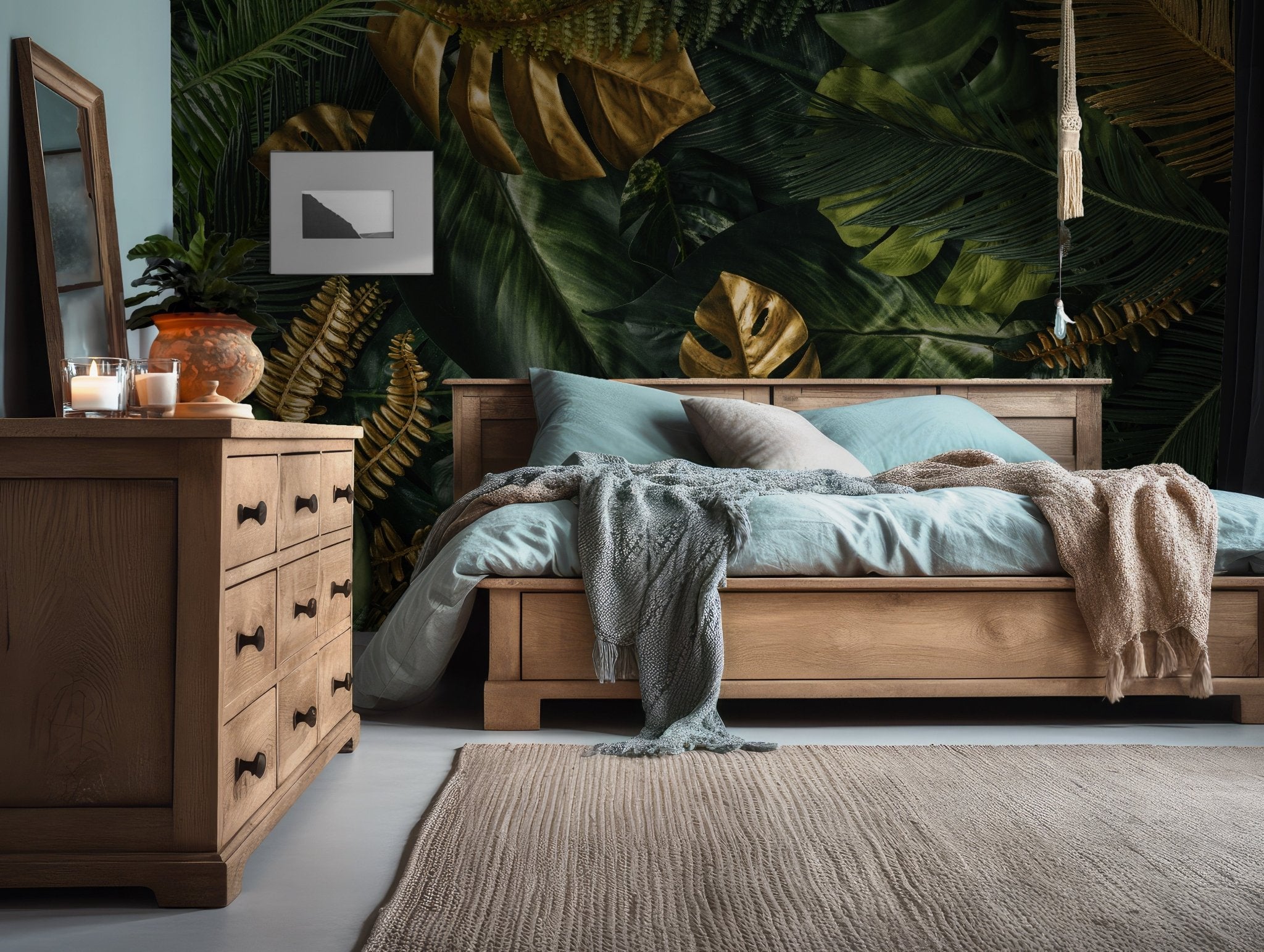 Elegant green jungle pattern with metallic gold accents printed on peel and stick wallpaper perfect for upscale removable walls.